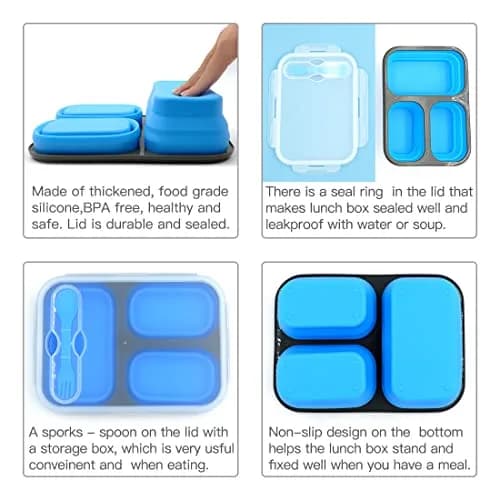 fancyfree Collapsible Silicone Benton Container, Leakproof Lunch Box with 3 Compartments, BPA Free Food Storage (Blue) | Space-Saving & Safe thumbnail 3