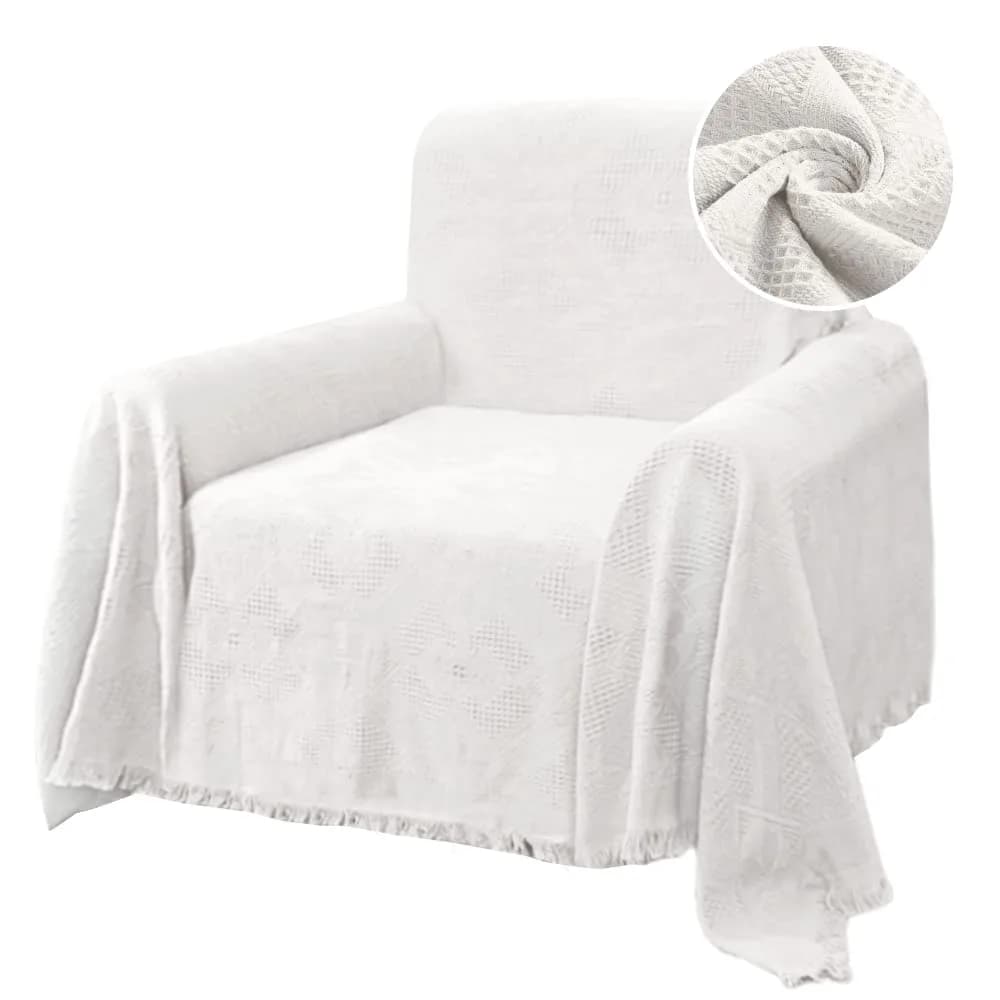 H.VERSAILTEX Cotton Sofa Cover Large | Thick Woven Jacquard with Tassels (71" x 102") — White / Medium