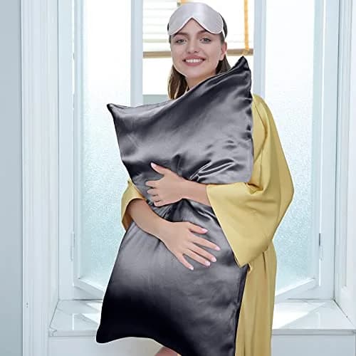 J JIMOO 100% Mulberry Silk Pillowcase for Hair and Skin | Breathable 19 Momme King Size 20"×36" Dark Grey thumbnail 3