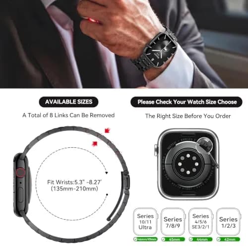 Bestig Stainless Steel Metal Band Compatible with Apple Watch Series 1-11, Ultra 3/2/1, SE 3/2/1 (42/44/45/46/49mm) | Adjustable Link Bracelet thumbnail 6