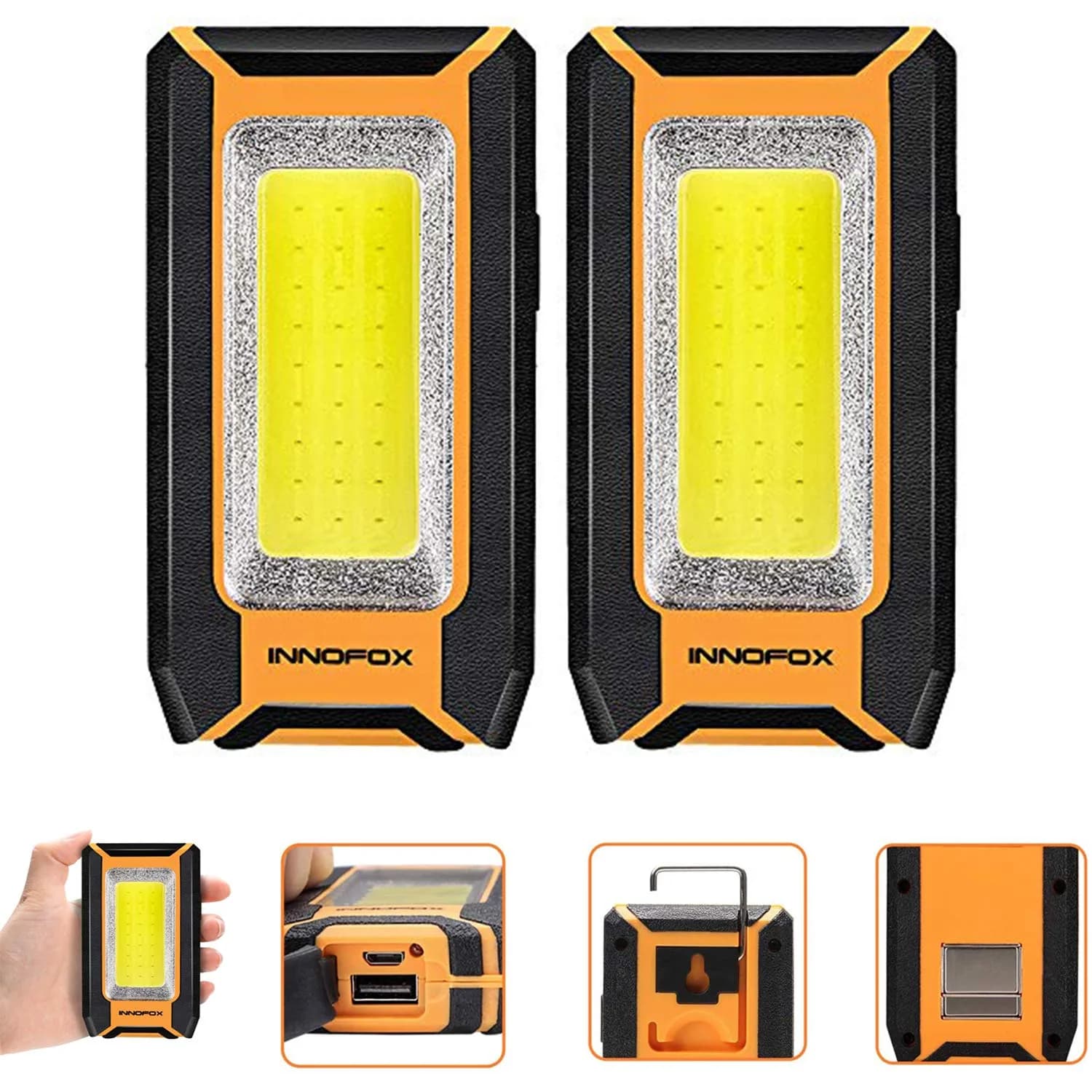 innofox 2-Pack LED Rechargeable Magnetic Work Light 1500 Lumens | Versatile & Durable, 3 Modes, USB Power Bank, Drop-Tested — Sunset Orange