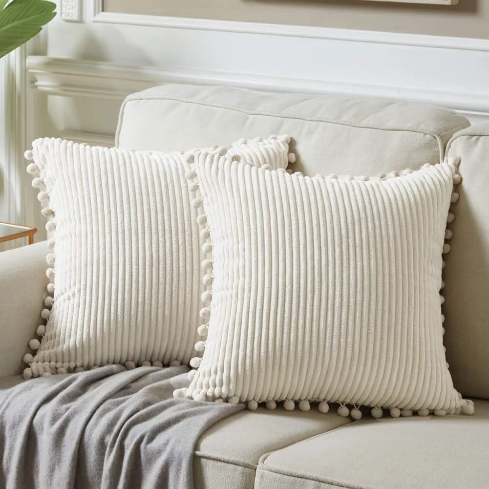 Fancy Homi Boho Decorative Throw Pillow Covers with Pom-poms, Soft Corduroy Accent Solid Square Cushion Case Set for Couch Sofa Bedroom Car Living Room (2-Pack, 18x18 Inch / 45x45 cm, Cream) thumbnail 1
