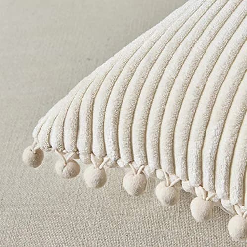 Fancy Homi Boho Decorative Throw Pillow Covers with Pom-poms, Soft Corduroy Accent Solid Square Cushion Case Set for Couch Sofa Bedroom Car Living Room (2-Pack, 18x18 Inch / 45x45 cm, Cream) thumbnail 4