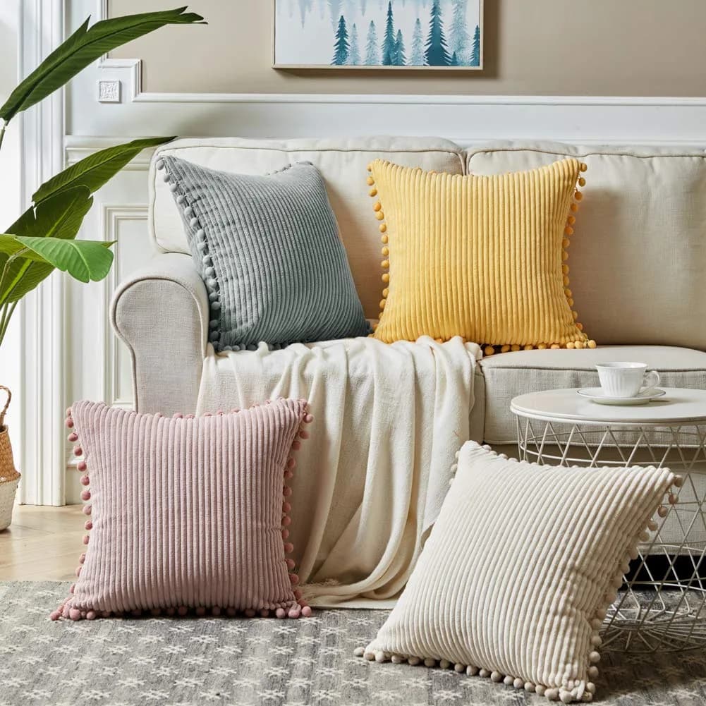 Fancy Homi Boho Decorative Throw Pillow Covers with Pom-poms, Soft Corduroy Accent Solid Square Cushion Case Set for Couch Sofa Bedroom Car Living Room (2-Pack, 18x18 Inch / 45x45 cm, Cream) thumbnail 6