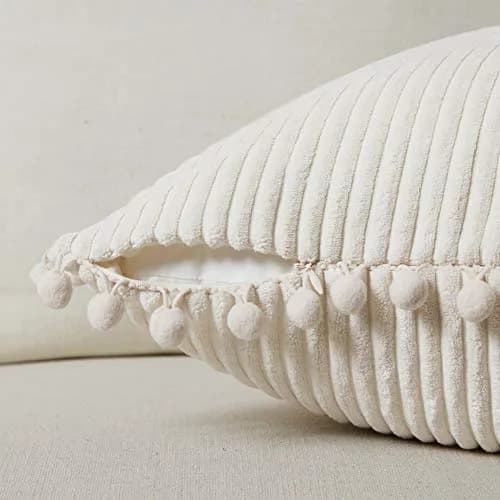 Fancy Homi Boho Decorative Throw Pillow Covers with Pom-poms, Soft Corduroy Accent Solid Square Cushion Case Set for Couch Sofa Bedroom Car Living Room (2-Pack, 18x18 Inch / 45x45 cm, Cream) thumbnail 3