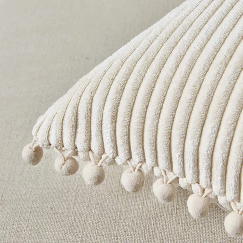 Fancy Homi Boho Decorative Throw Pillow Covers with Pom-poms, Soft Corduroy Accent Solid Square Cushion Case Set for Couch Sofa Bedroom Car Living Room (2-Pack, 18x18 Inch / 45x45 cm, Cream) thumbnail 4