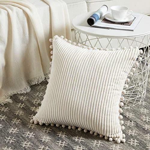Fancy Homi Boho Decorative Throw Pillow Covers with Pom-poms, Soft Corduroy Accent Solid Square Cushion Case Set for Couch Sofa Bedroom Car Living Room (20x20 Inch/50.8x50.8 cm, Cream) | Pack of 2 thumbnail 2