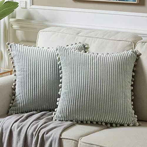 Fancy Homi 18x18 Inch Grey Corduroy Decorative Pillow Cover Pack of 2 | Farmhouse Accent with Pom-poms (70-120 chars) thumbnail 1