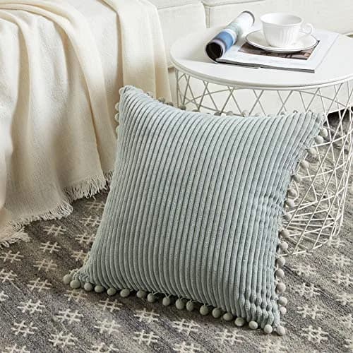 Fancy Homi 18x18 Inch Grey Corduroy Decorative Pillow Cover Pack of 2 | Farmhouse Accent with Pom-poms (70-120 chars) thumbnail 2