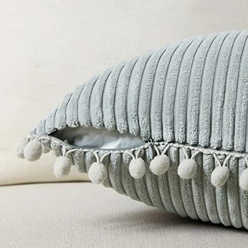 Fancy Homi 18x18 Inch Grey Corduroy Decorative Pillow Cover Pack of 2 | Farmhouse Accent with Pom-poms (70-120 chars) thumbnail 3