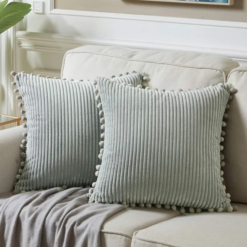 Fancy Homi 18x18 Inch Grey Corduroy Decorative Pillow Cover Pack of 2 | Farmhouse Accent with Pom-poms (70-120 chars) - main product image