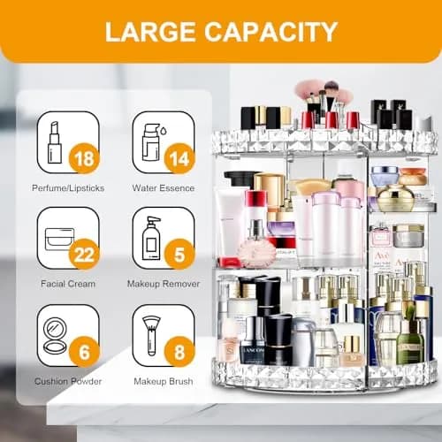 MISERWE 360 Rotating Makeup Organizer 4L (141 fl oz) Clear | Adjustable Layers for Cosmetics thumbnail 3