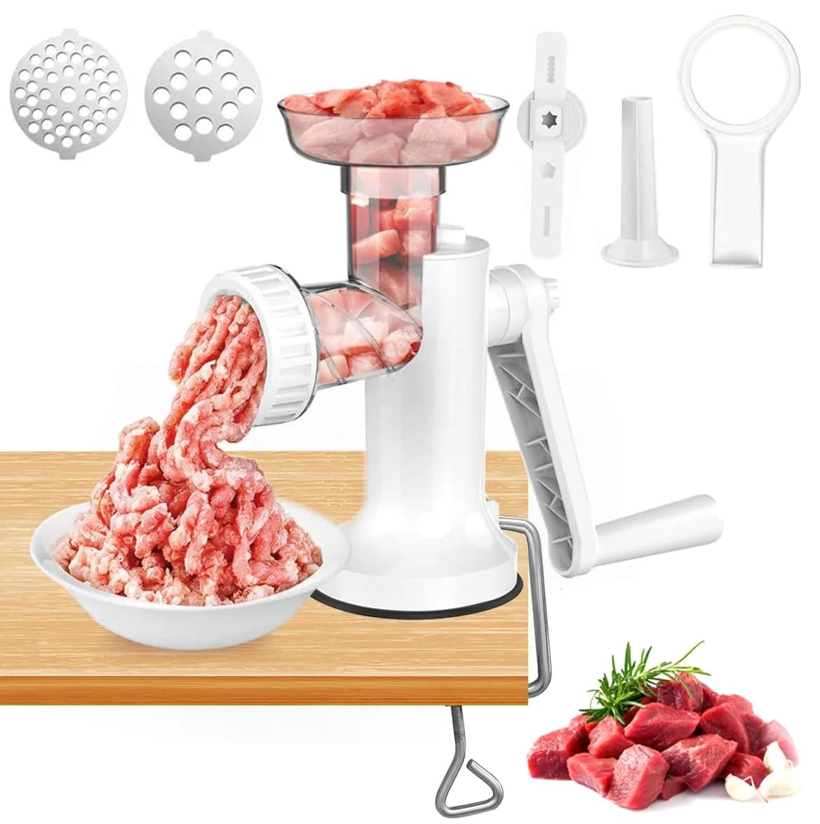 LHS Manual Meat Grinder White with Table Clamp & Sausage Stuffer | Multi-Function Kitchen Tool (3-in-1) - main product image