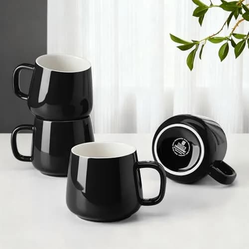 Teocera Black 12 oz Ceramic Coffee Mug Set of 4 with Large Handles | Smooth Porcelain for Hot & Cold Drinks thumbnail 1