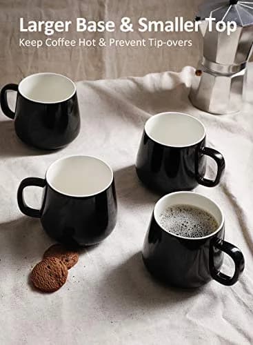 Teocera Black 12 oz Ceramic Coffee Mug Set of 4 with Large Handles | Smooth Porcelain for Hot & Cold Drinks thumbnail 6