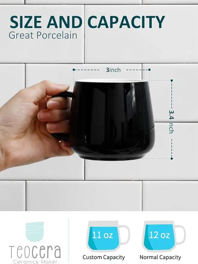 Teocera Black 12 oz Ceramic Coffee Mug Set of 4 with Large Handles | Smooth Porcelain for Hot & Cold Drinks thumbnail 2