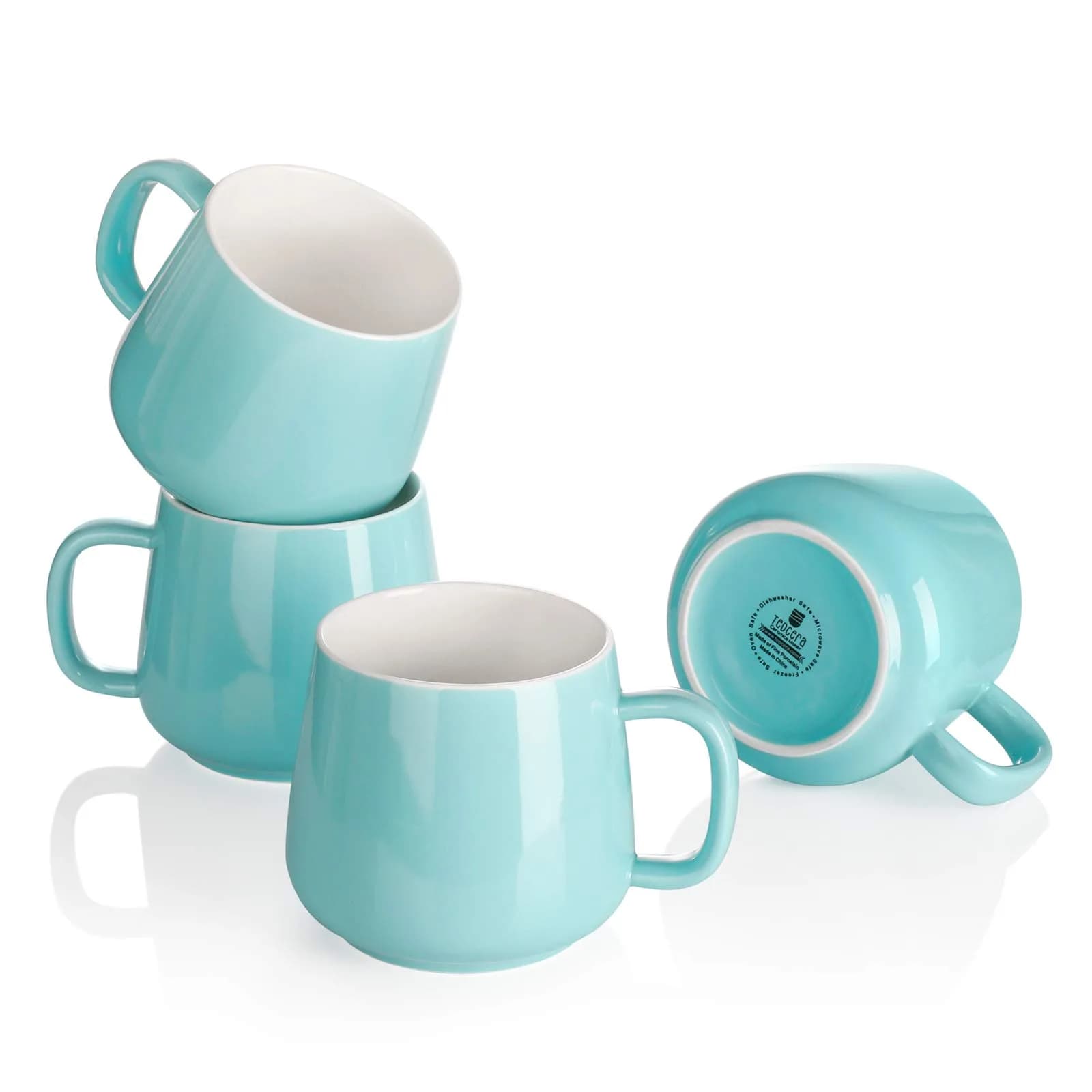 Teocera 12 oz Ceramic Coffee Mugs Set of 4 with Large Handles | Smooth Porcelain, Dishwasher Safe, Turquoise — Turquoise