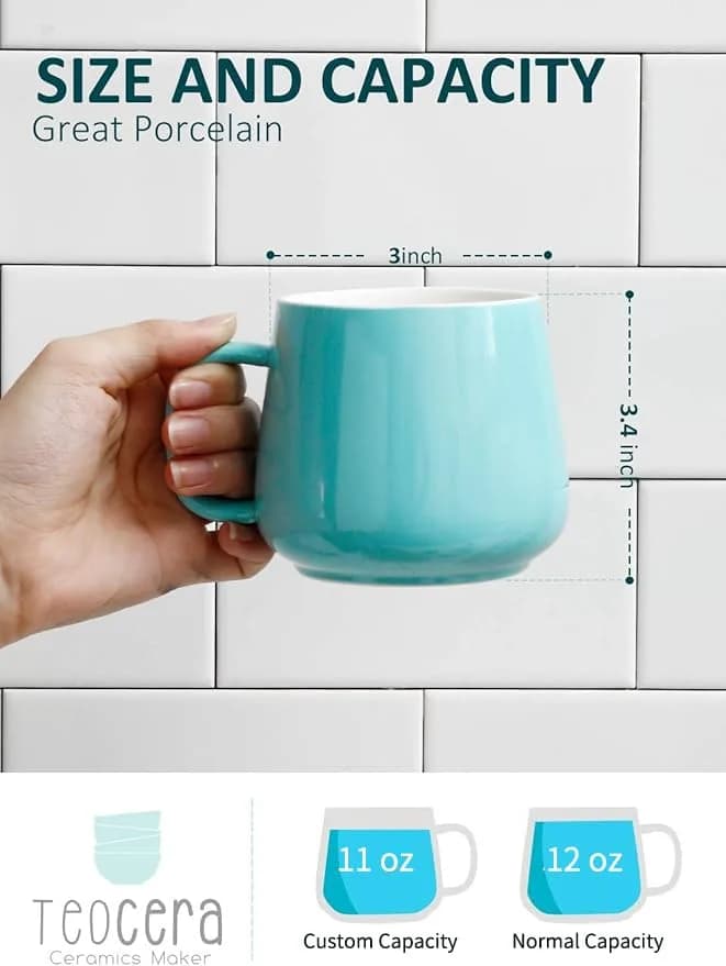 Teocera 12 oz Ceramic Coffee Mugs Set of 4 with Large Handles | Smooth Porcelain, Dishwasher Safe, Turquoise thumbnail 2