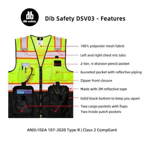 Dib Safety Reflective Safety Vest Made with 3M Tape, Yellow and Black S | ANSI Class 2, Heavy Duty Reflectivity thumbnail 5