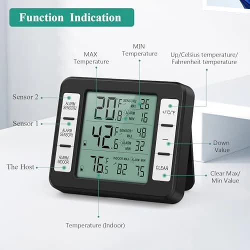 ORIA Wireless Refrigerator Thermometer with 2 Sensors & Alarm, Black | Indoor/Outdoor -40°C to 60°C thumbnail 4