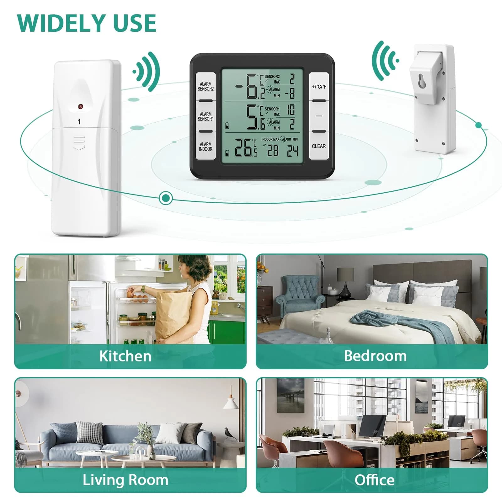 ORIA Wireless Refrigerator Thermometer with 2 Sensors & Alarm, Black | Indoor/Outdoor -40°C to 60°C - view 5