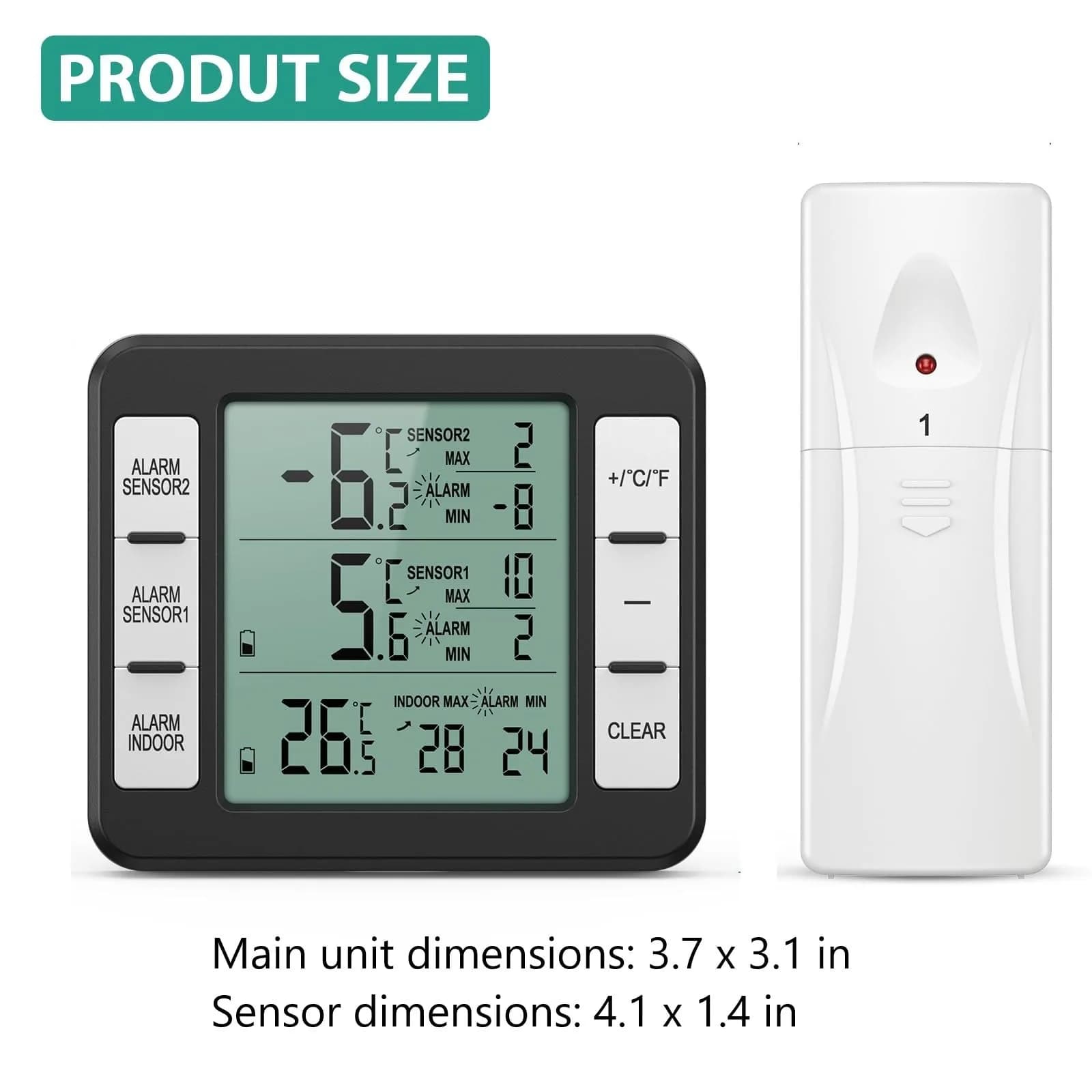 ORIA Wireless Refrigerator Thermometer with 2 Sensors & Alarm, Black | Indoor/Outdoor -40°C to 60°C - view 7