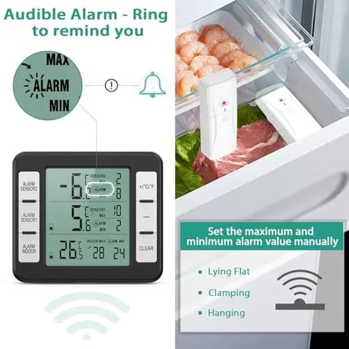 ORIA Wireless Refrigerator Thermometer with 2 Sensors & Alarm, Black | Indoor/Outdoor -40°C to 60°C thumbnail 2