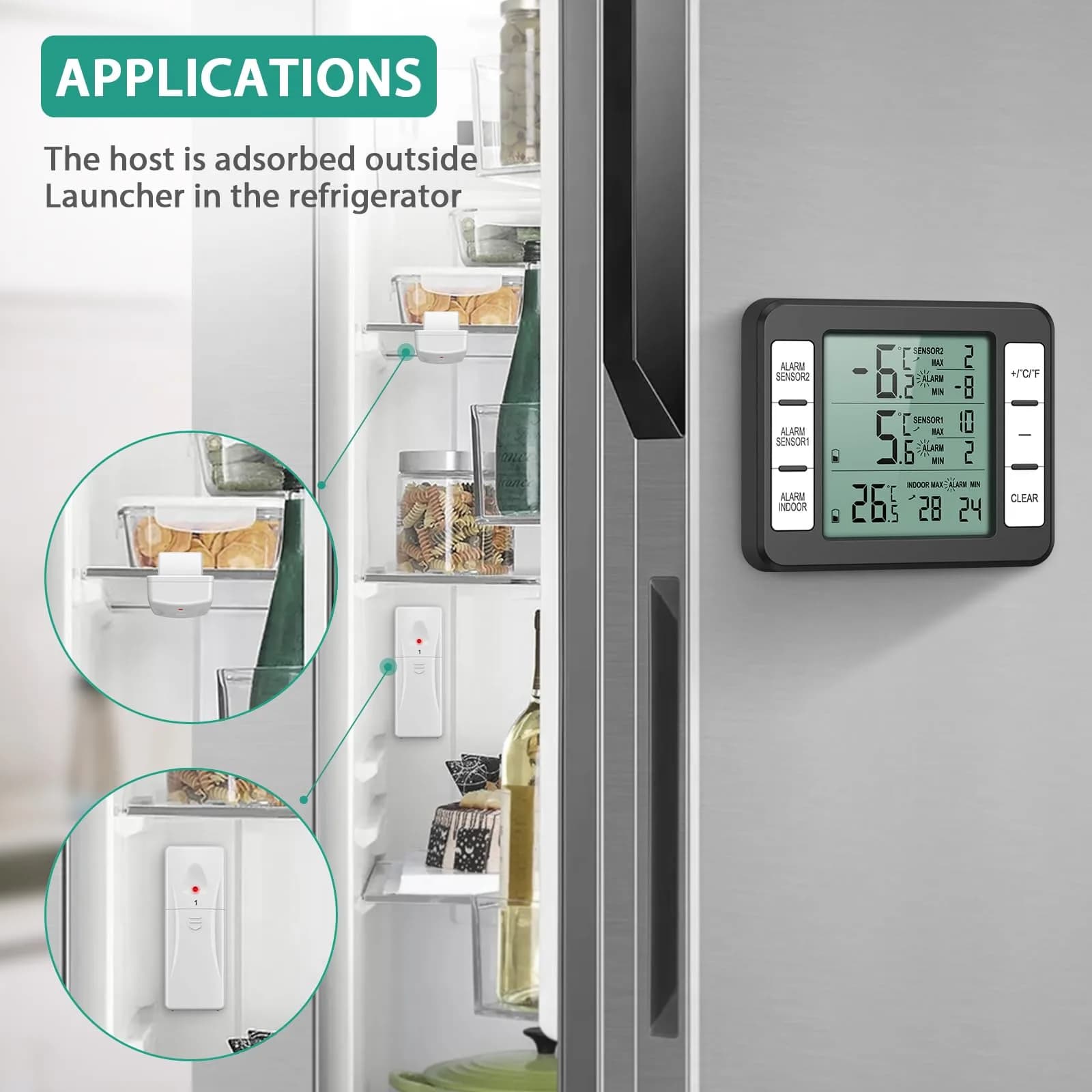 ORIA Wireless Refrigerator Thermometer with 2 Sensors & Alarm, Black | Indoor/Outdoor -40°C to 60°C - view 3