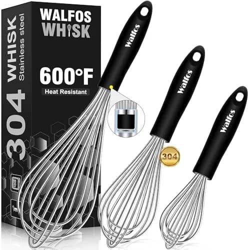 Walfos Stainless Steel Balloon Whisk Set (7"+9"+11") | 3-Piece Heavy Duty Egg Frother for Cooking — 7+9+11 in Silver