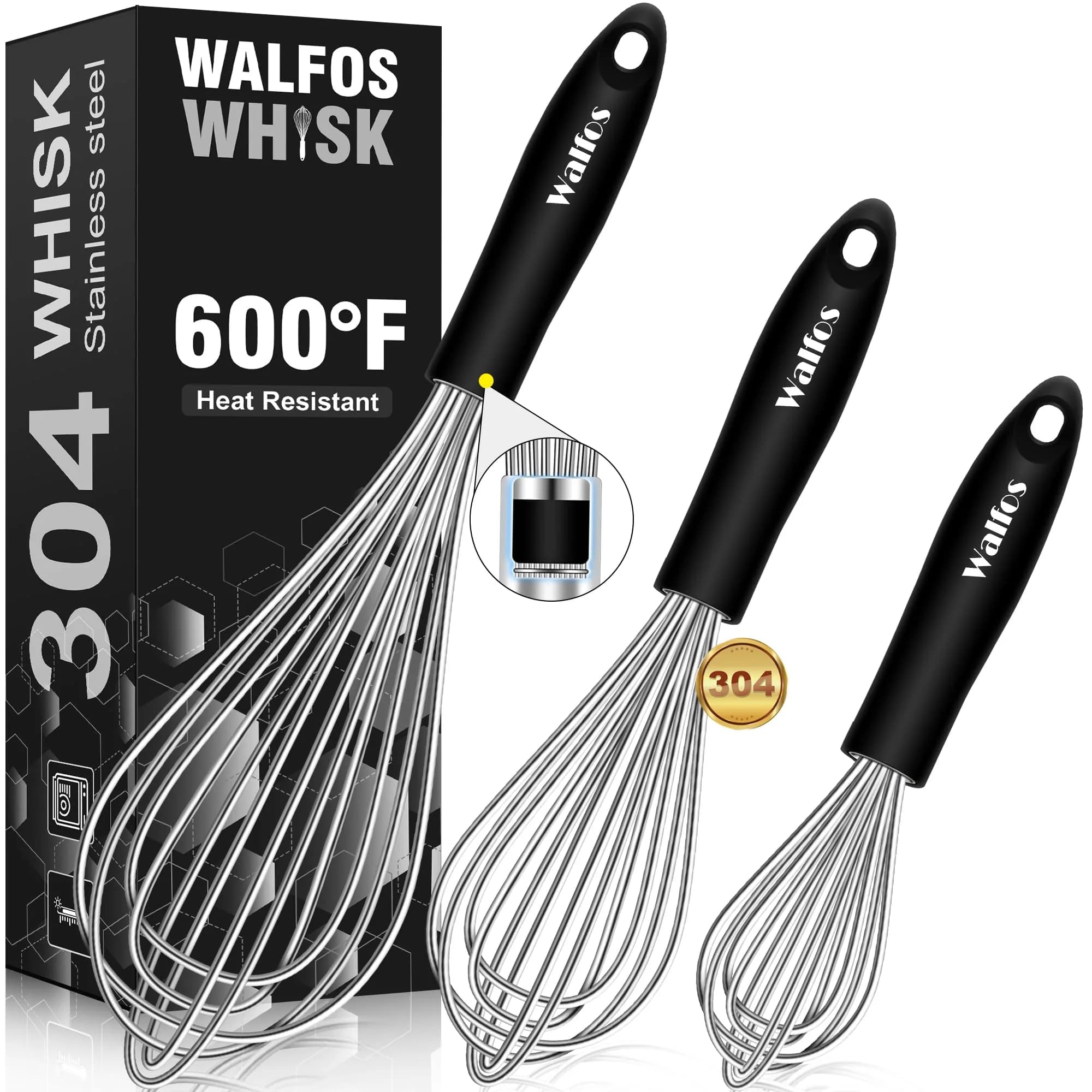 Walfos Stainless Steel Balloon Whisk Set (7"+9"+11") | 3-Piece Heavy Duty Egg Frother for Cooking - main product image
