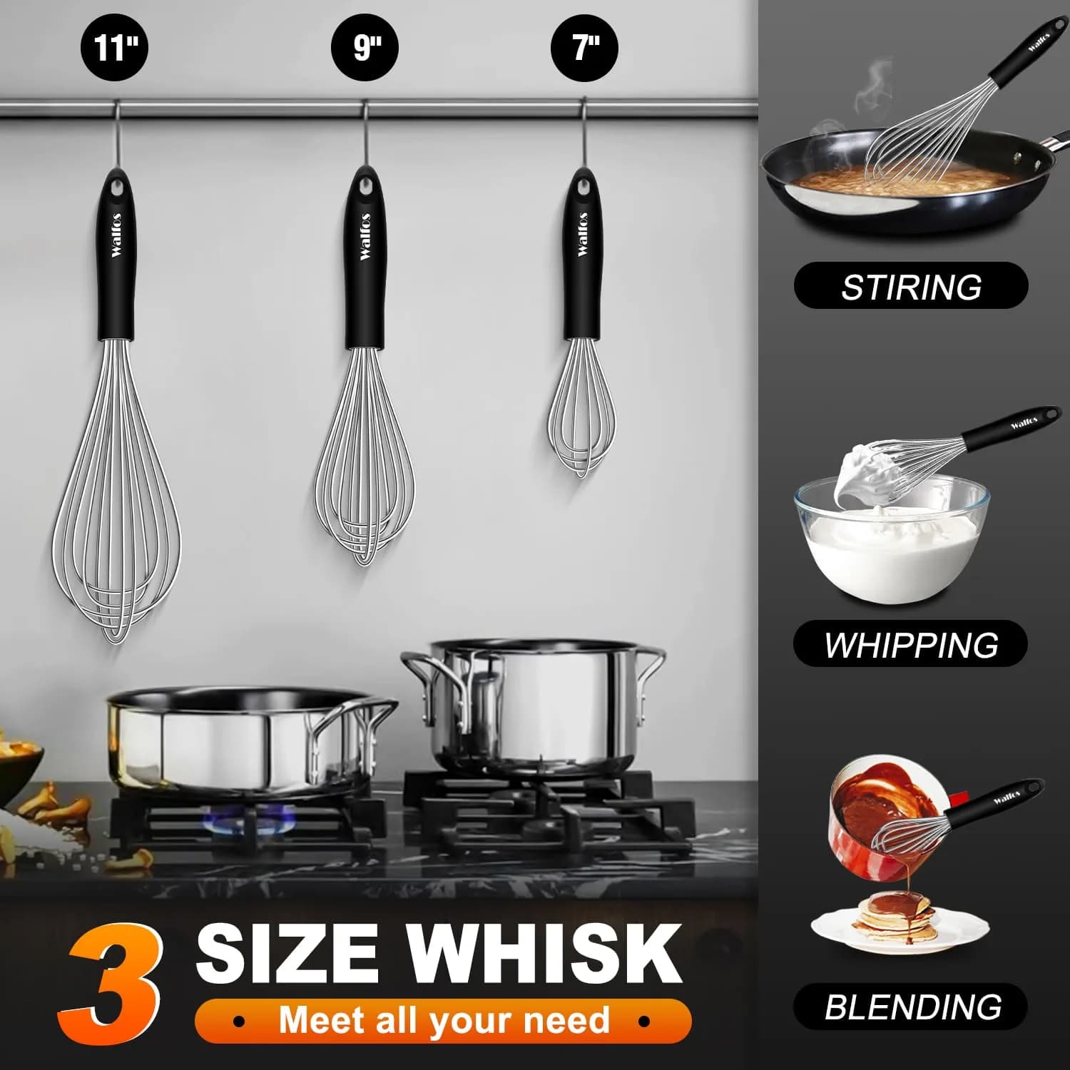 Walfos Stainless Steel Balloon Whisk Set (7"+9"+11") | 3-Piece Heavy Duty Egg Frother for Cooking - view 7