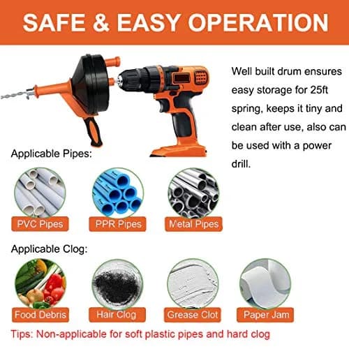 BACEYIOU Orange Drain Auger with Drill Adapter, 7.5m (25ft) Flexible Plumbing Snake | Clog Remover for Kitchen, Bathroom, Shower Sink thumbnail 7