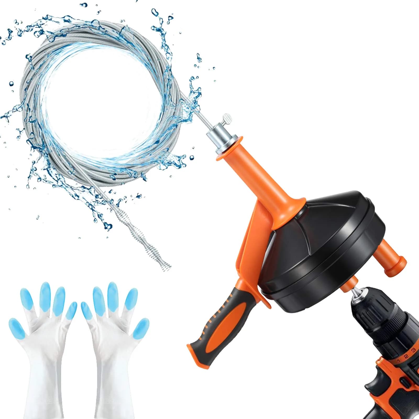 BACEYIOU Orange Drain Auger with Drill Adapter, 7.5m (25ft) Flexible Plumbing Snake | Clog Remover for Kitchen, Bathroom, Shower Sink