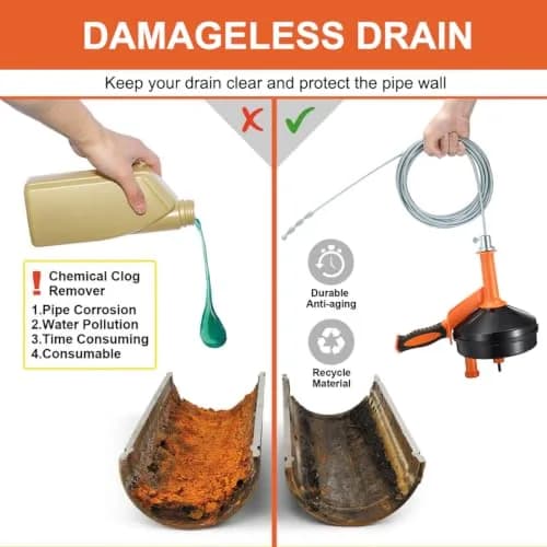 BACEYIOU Orange Drain Auger with Drill Adapter, 7.5m (25ft) Flexible Plumbing Snake | Clog Remover for Kitchen, Bathroom, Shower Sink thumbnail 4