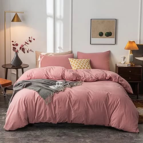 Janlive Washed Cotton Duvet Cover King | Ultra Soft 100% Cotton Solid Color Rose | Zipper Closure (70-120 chars) thumbnail 1