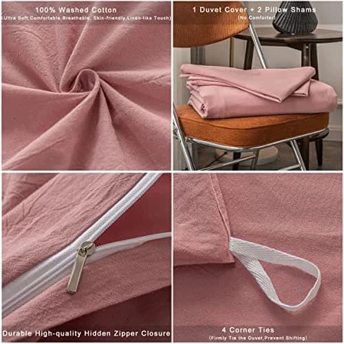 Janlive Washed Cotton Duvet Cover King | Ultra Soft 100% Cotton Solid Color Rose | Zipper Closure (70-120 chars) thumbnail 6