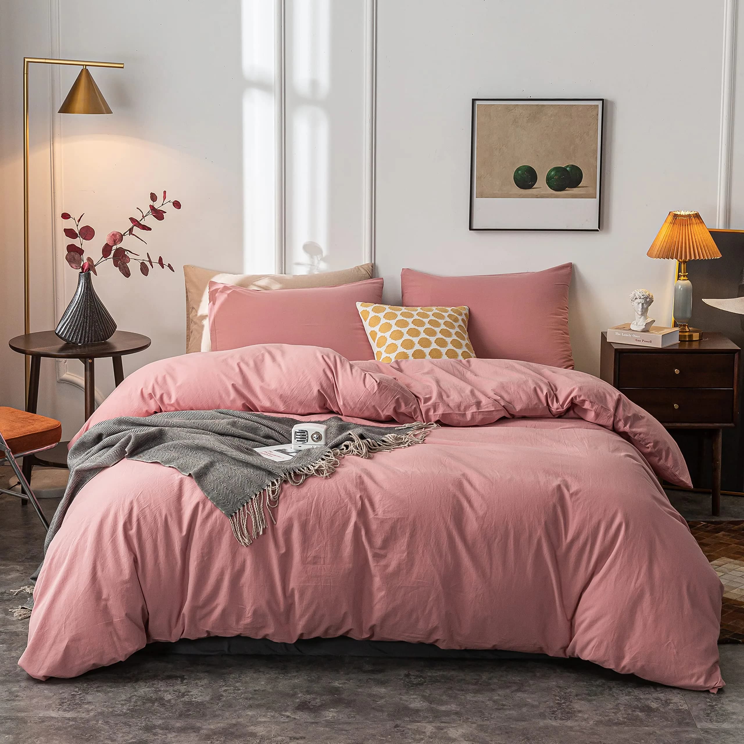 Janlive Washed Cotton Duvet Cover King | Ultra Soft 100% Cotton Solid Color Rose | Zipper Closure (70-120 chars)