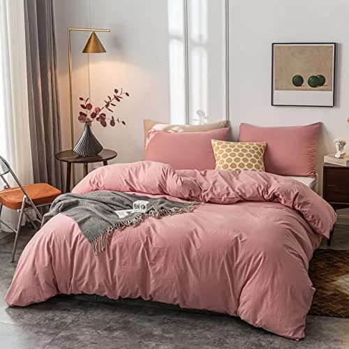 Janlive Washed Cotton Duvet Cover King | Ultra Soft 100% Cotton Solid Color Rose | Zipper Closure (70-120 chars) thumbnail 2