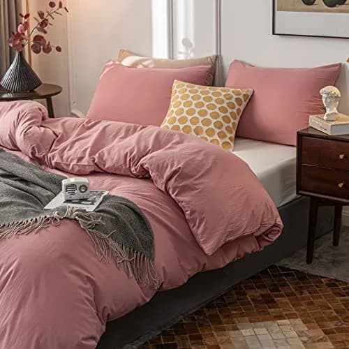 Janlive Washed Cotton Duvet Cover King | Ultra Soft 100% Cotton Solid Color Rose | Zipper Closure (70-120 chars) thumbnail 3