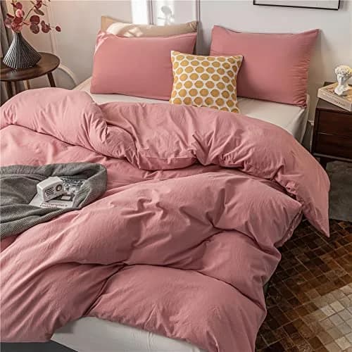 Janlive Washed Cotton Duvet Cover King | Ultra Soft 100% Cotton Solid Color Rose | Zipper Closure (70-120 chars) thumbnail 4