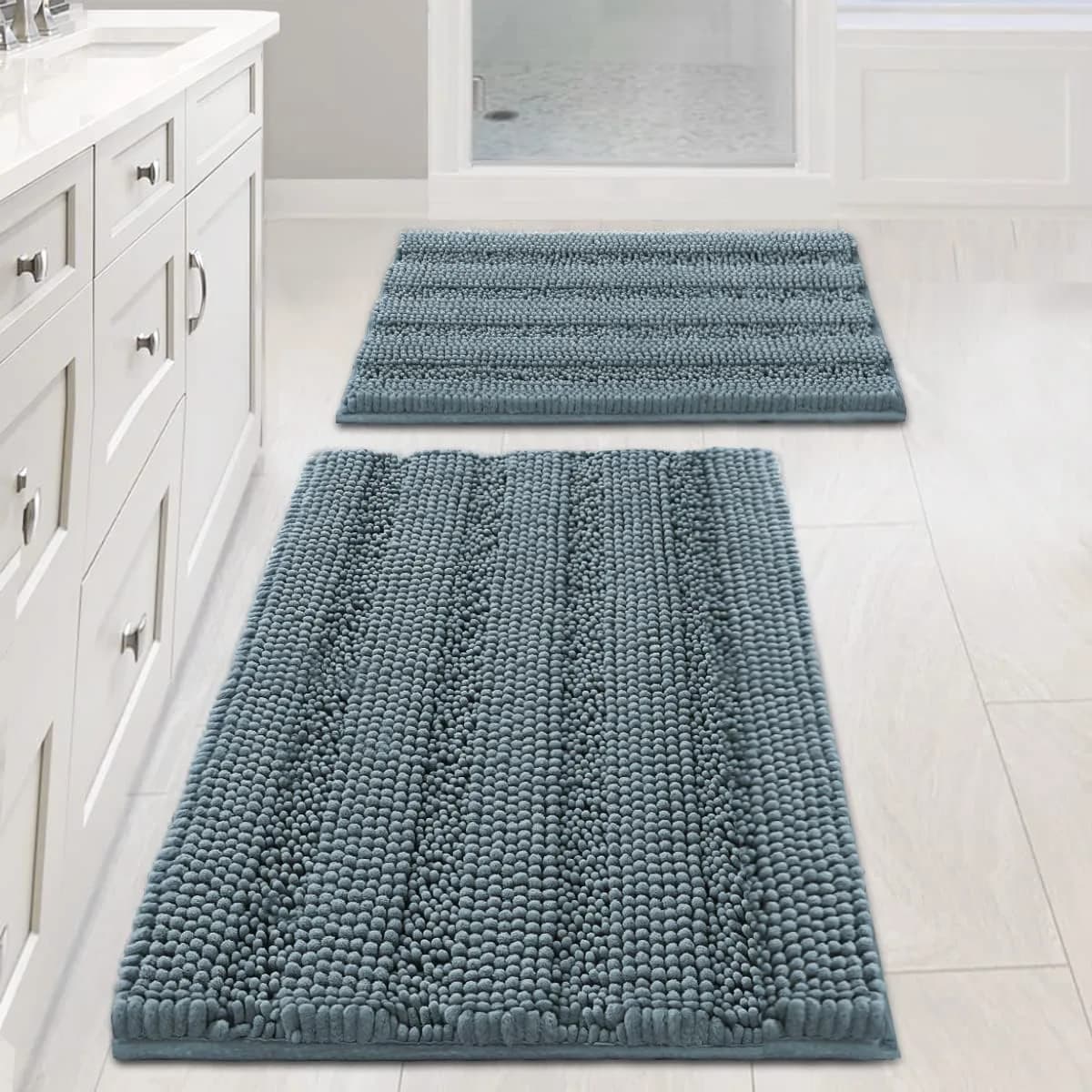 H.VERSAILTEX Thick Chenille Bathroom Rug Mat Set 2 Piece | Ultra Soft & Absorbent, Non Slip, Machine Washable, 20"x32" + 17"x24" — Stone Blue