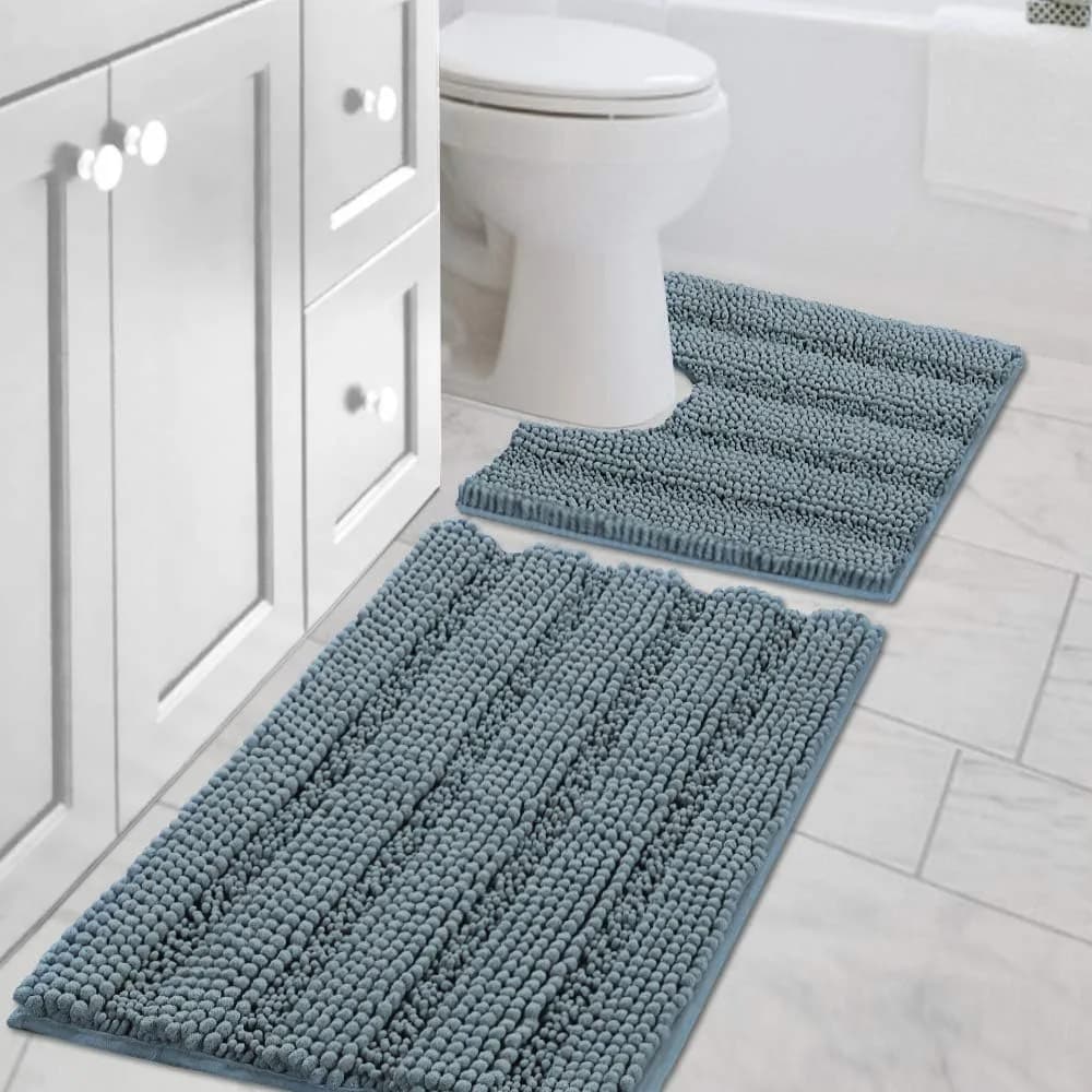 H.VERSAILTEX Bathroom Rugs 2 Piece Set Ultra Thick Water Absorbent Striped Chenille - main product image