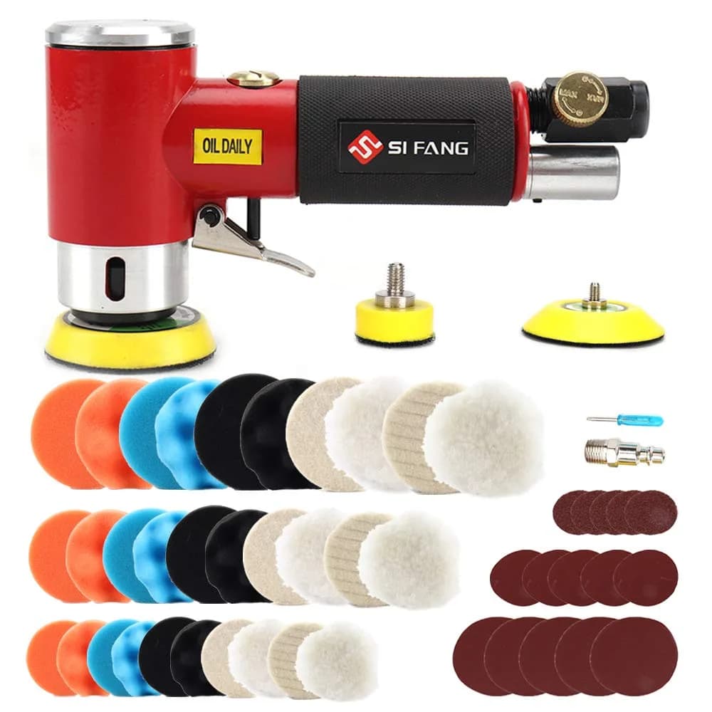SI FANG Mini Air Sander Kit 125 mm (5 inch) | Pneumatic Random Orbital DA Sander with 48-Piece Pad & Disc Set — 1"2"3" Buffer&Sander Kit Red