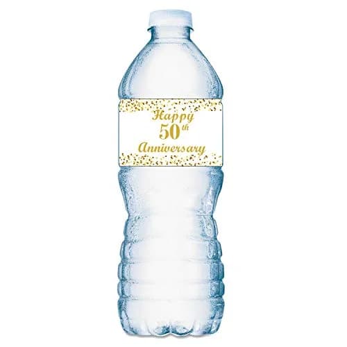 RokAPary 50th Anniversary Water Bottle Labels | Waterproof Gold & White Stickers for Golden Wedding Celebration thumbnail 1
