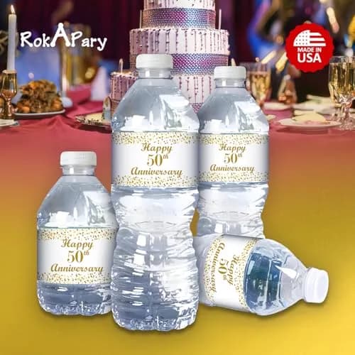 RokAPary 50th Anniversary Water Bottle Labels | Waterproof Gold & White Stickers for Golden Wedding Celebration thumbnail 4