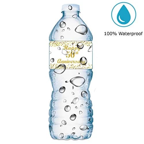 RokAPary 50th Anniversary Water Bottle Labels | Waterproof Gold & White Stickers for Golden Wedding Celebration thumbnail 5