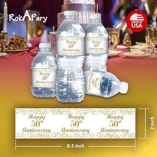 RokAPary 50th Anniversary Water Bottle Labels | Waterproof Gold & White Stickers for Golden Wedding Celebration thumbnail 6
