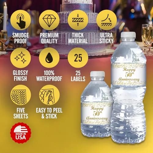 RokAPary 50th Anniversary Water Bottle Labels | Waterproof Gold & White Stickers for Golden Wedding Celebration thumbnail 2