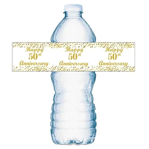 RokAPary 50th Anniversary Water Bottle Labels | Waterproof Gold & White Stickers for Golden Wedding Celebration thumbnail 3