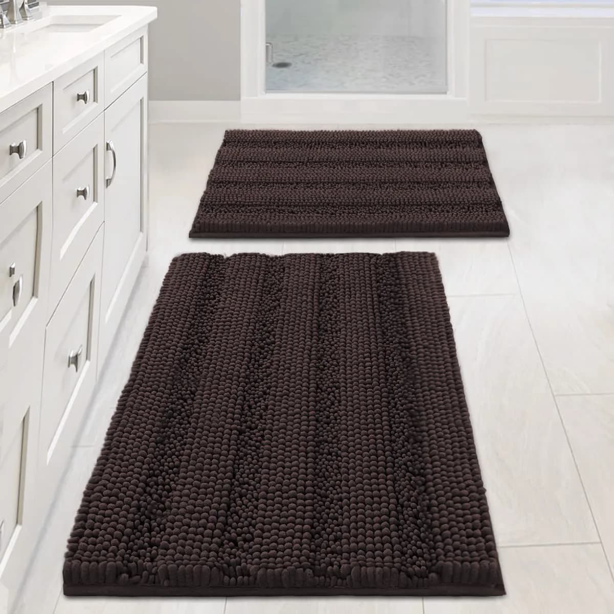 H.VERSAILTEX Thick Chenille Bathroom Rug Mat Set 2 Piece | Extra Soft & Absorbent — Chocolate
